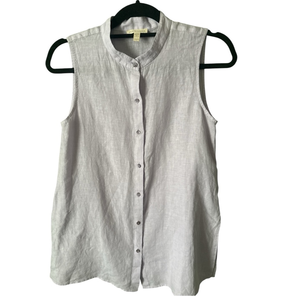 Eileen Fisher Lavender Linen Sleeveless Mandarin Collar Blouse